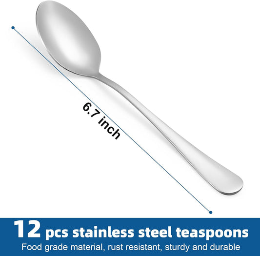 12 Pcs Teaspoons Set, Food-Grade Stainless Steel Spoons Silverware, Cutlery Tea Spoons, Durable Dessert Spoons, Metal Spoon for Home, Kitchen or Restaurant, Mirror Polished, Dishwasher Safe 6.7 Inch