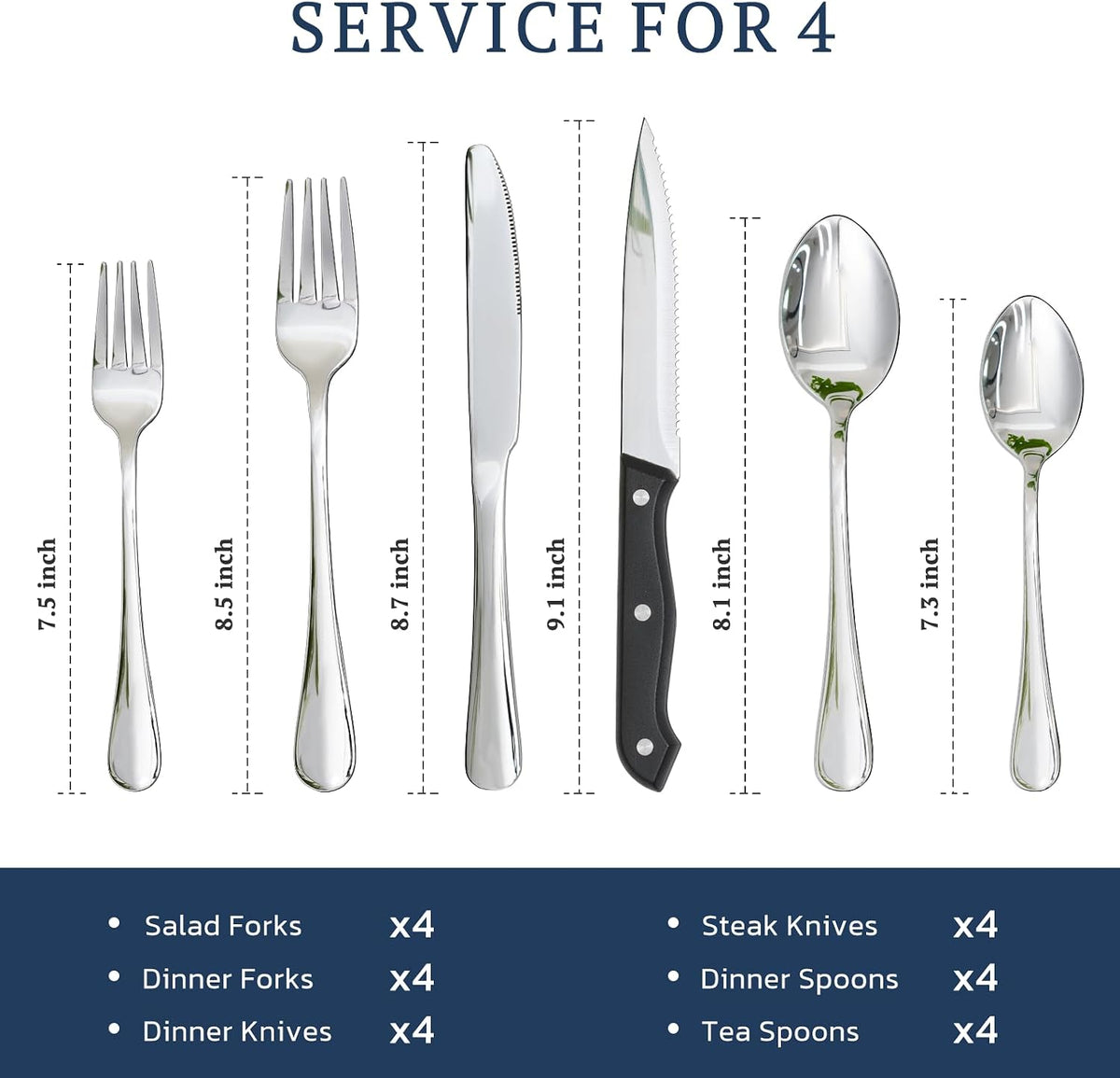 Astercook Silverware Set with Steak Knives 24-Piece Flatware Set for 4 Food-Grade Stainless Steel Cutlery Set Mirror Polished Utensils Set Include Spoons and Forks for Home Kitchen Restaurant