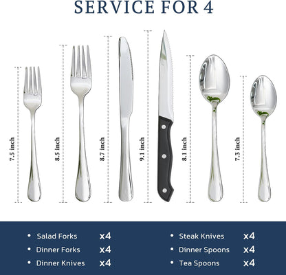 Astercook Silverware Set with Steak Knives 24-Piece Flatware Set for 4 Food-Grade Stainless Steel Cutlery Set Mirror Polished Utensils Set Include Spoons and Forks for Home Kitchen Restaurant