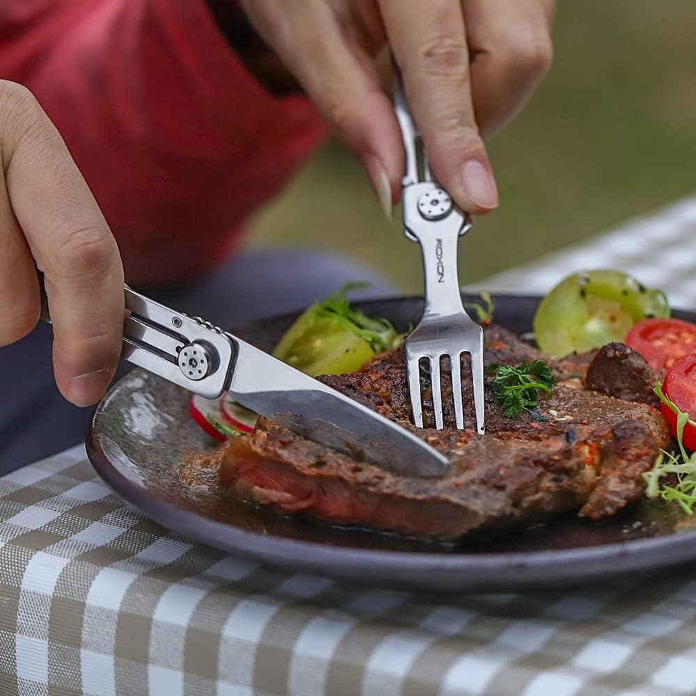 ROXON 3-in-1 Knife Spoons Fork Camping Utensils Set with Case | Magnetic Folding, Stainless Steel Cutlery, EDC Portable Lightweight Silverware,For Hiking Backpacking Travel Lunchbox Outdoor