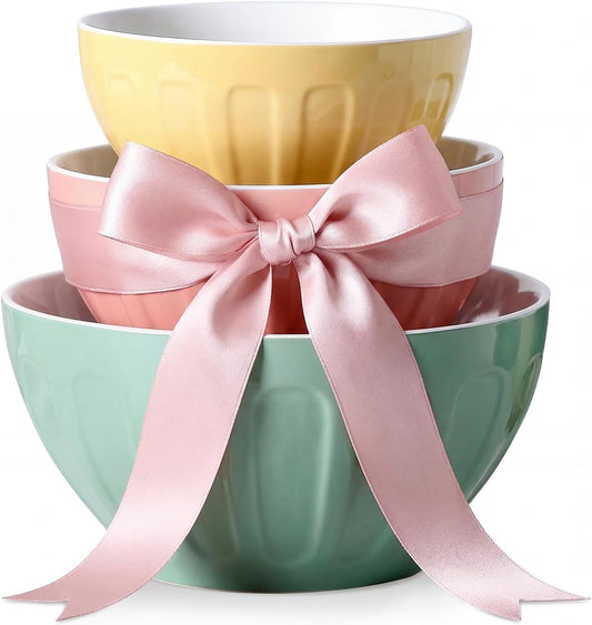 Lareina Ceramic Mixing Bowls Set of 3, Large Nesting Bowls for Serving/Baking/Prepping, Housewarming & Wedding Gift, Oven, Microwave and Dishwasher Safe 3.2/1.7/1.2 Qt, Pastel Color