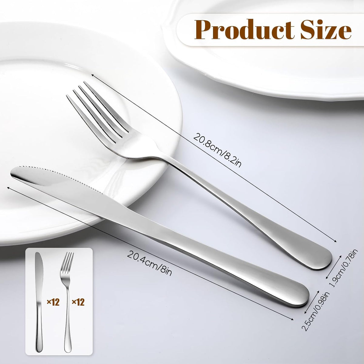24 Pcs Stainless Steel Silverware Dinner Fork and Knife Set Dinner Forks and Knives Flatware Forks and Knives Set Tableware Cutlery-Set for Home Kitchen Restaurant (8.1X 1 Inch, 8 X 0.8 Inch)