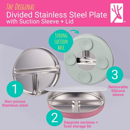 Elk and Friends Kids Stainless Steel Divided Plates with Silicone Suction Sleeves | Lids Included | Suitable for Babies/Toddlers | Dishwasher Safe | Stay Put Dinnerware | Snack Dishes | 4 Pack