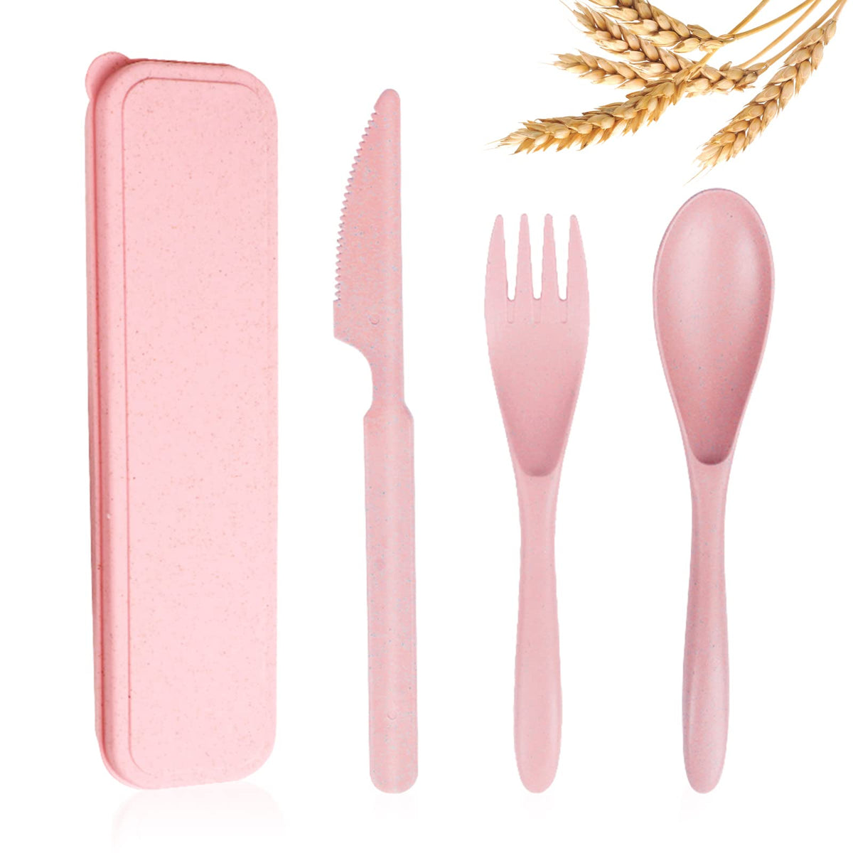 Reusable Travel Utensils Set with Case, 4 Sets Wheat Straw Portable Knife Fork Spoons Cutlery, Eco-Friendly BPA Free Plastic Tableware for Kids Adults Travel Picnic Camping Utensils