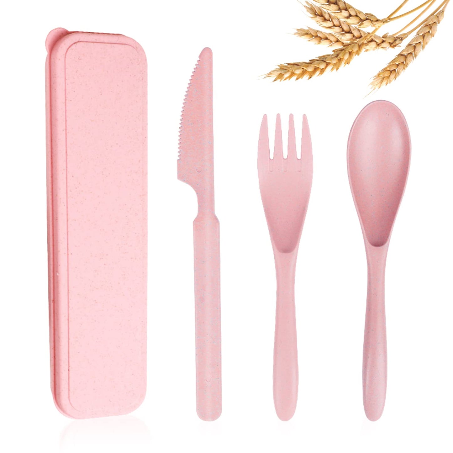 Reusable Travel Utensils Set with Case, 4 Sets Wheat Straw Portable Knife Fork Spoons Cutlery, Eco-Friendly BPA Free Plastic Tableware for Kids Adults Travel Picnic Camping Utensils