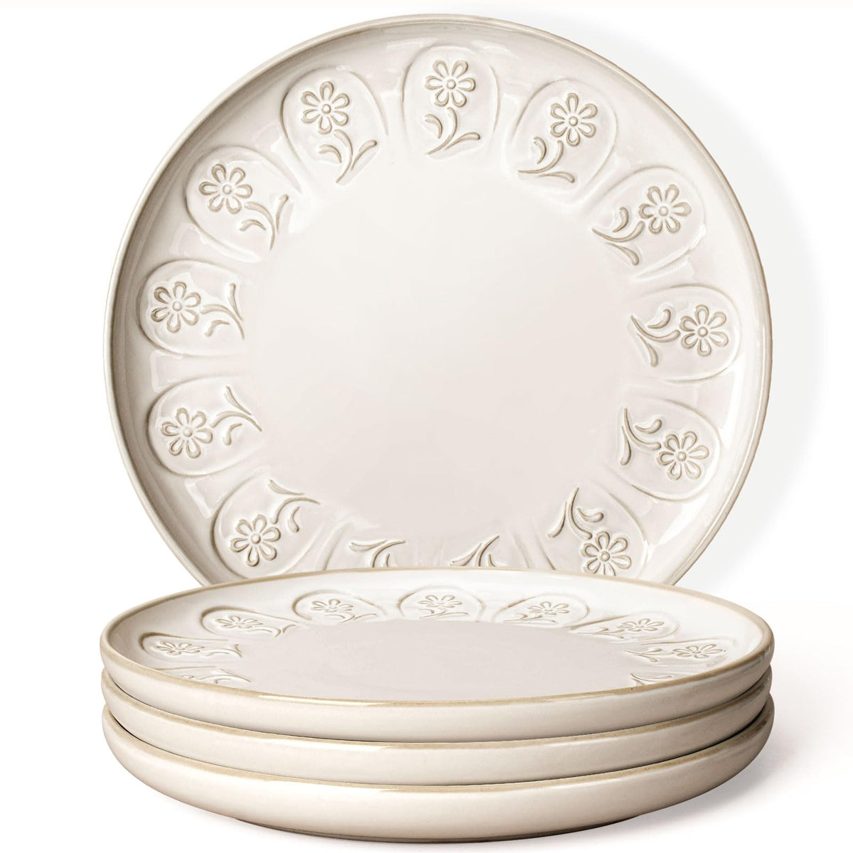 Large Ceramic Dinner Plates Set Of 4, 10.75 Inch Embossed Kitchen Salad Plates, Modern Serving Plates For Restaurant, Plates With Lipped Edges, Microwave Dishwasher Safe (Multiple Patterns)