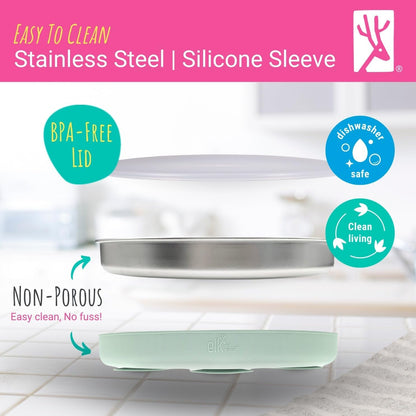 Elk and Friends Kids Stainless Steel Divided Plates with Silicone Suction Sleeves | Lids Included | Suitable for Babies/Toddlers | Dishwasher Safe | Stay Put Dinnerware | Snack Dishes | 4 Pack