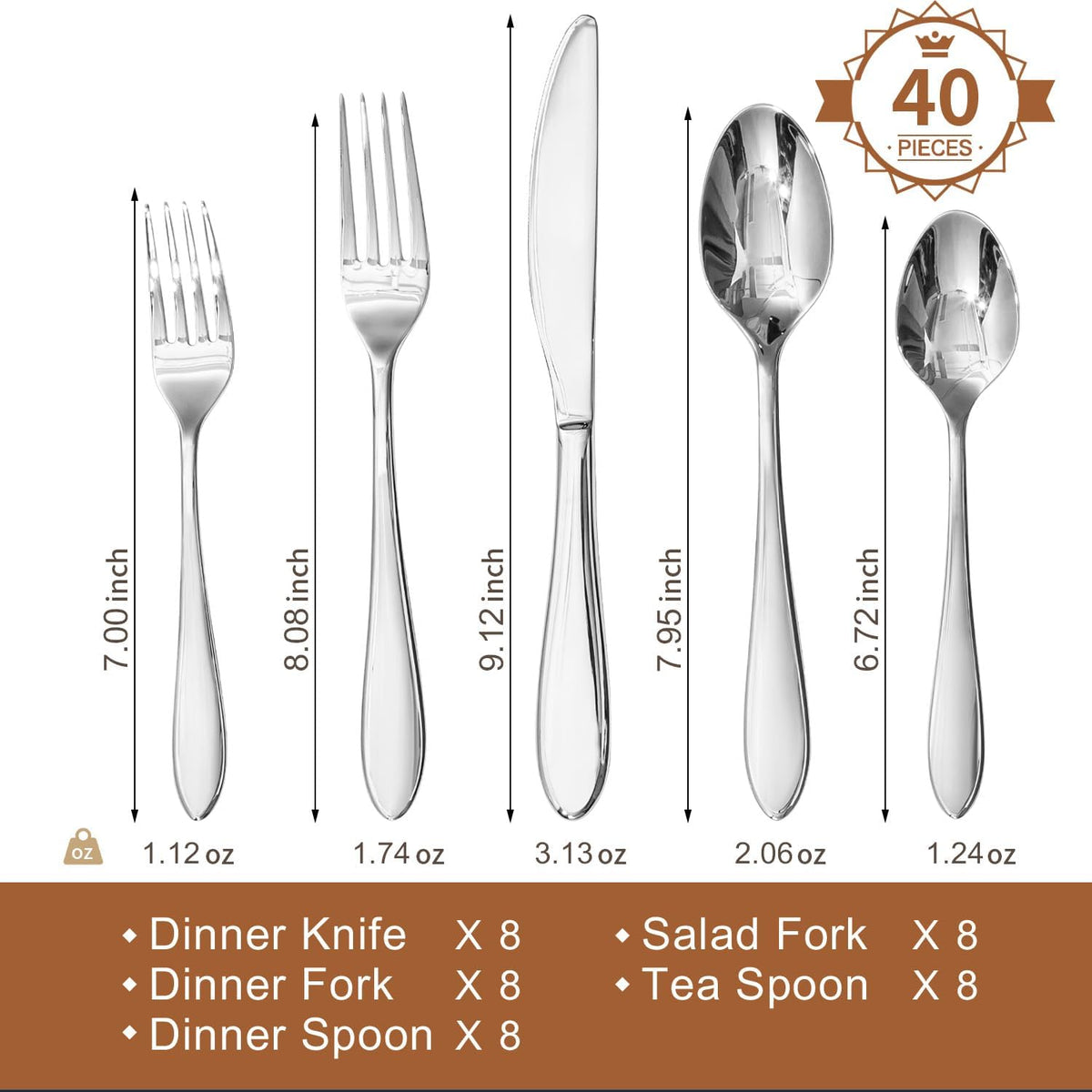 40-Piece Silverware Set for 8,18/10 Stainless Steel | Mirror Polished, Dishwasher Safe , for Home, Restaurant, Wedding and Party Use