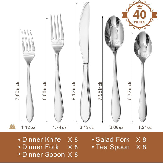 40-Piece Silverware Set for 8,18/10 Stainless Steel | Mirror Polished, Dishwasher Safe , for Home, Restaurant, Wedding and Party Use