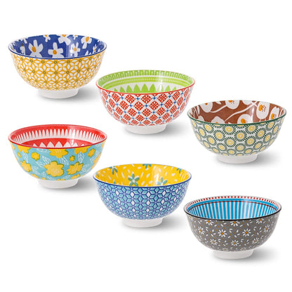 Porcelain Soup Cereal Bowls Set - Ceramic Bowls for Kitchen 23 oz - 6 Colorful Patterned Cute Bowl Sets - 6 Inch Deep Bowls for Oatmeal | Oat | Noodle | Breakfast - Dishwasher and Microwave Safe