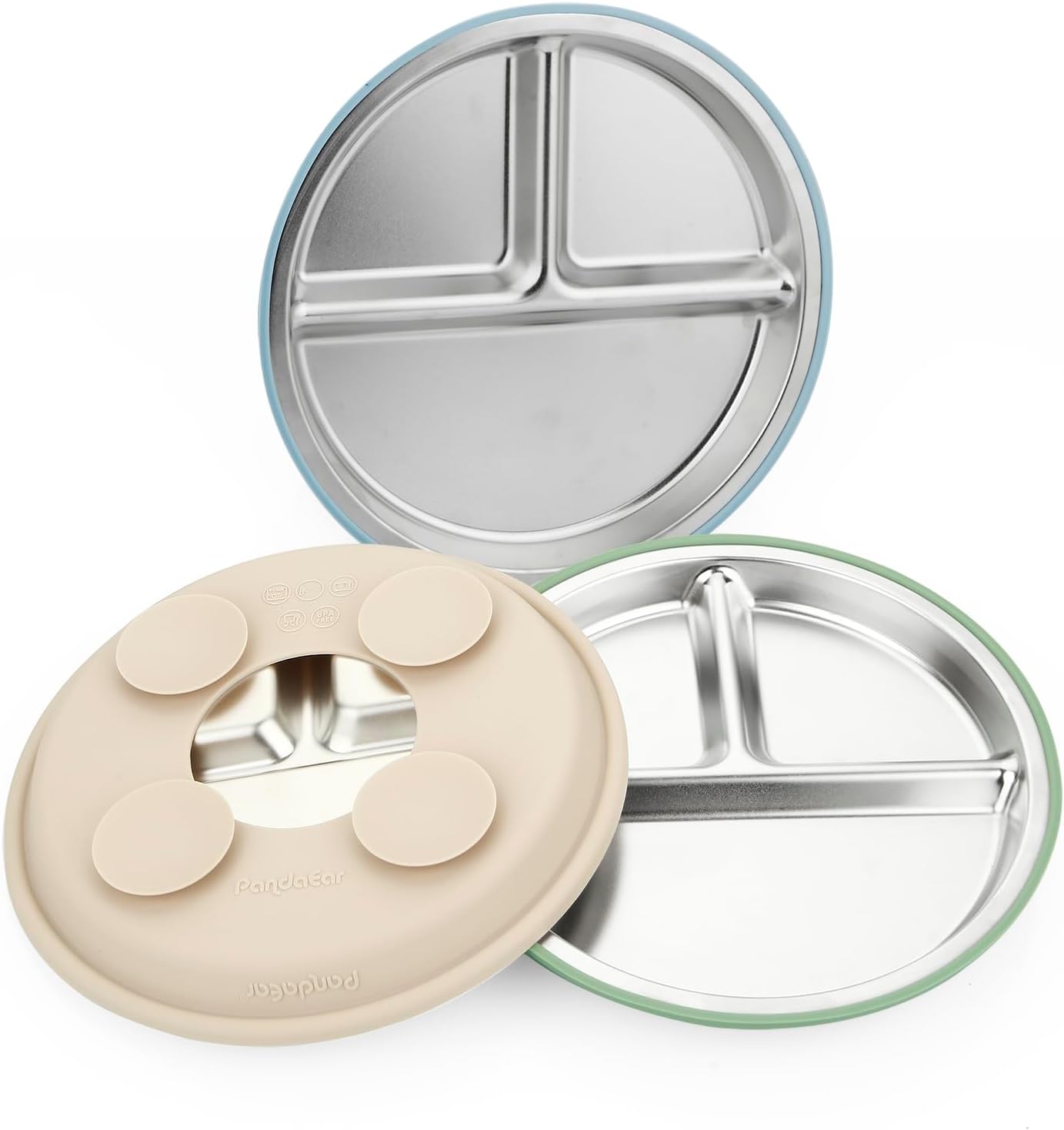 PandaEar 3 Pack Stainless Steel Baby Suction Plates, Divided Toddler Plate for Baby Led Weaning Supplies, Non-Slip Toddler Baby Feeding Set Dishwasher Safe (Blue/Green/Brown)