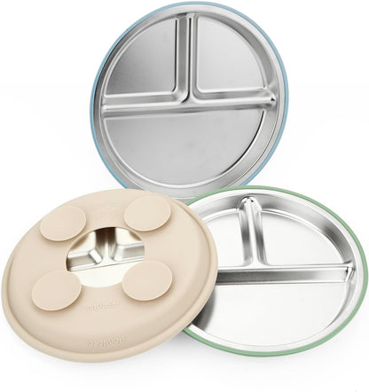 PandaEar 3 Pack Stainless Steel Baby Suction Plates, Divided Toddler Plate for Baby Led Weaning Supplies, Non-Slip Toddler Baby Feeding Set Dishwasher Safe (Blue/Green/Brown)