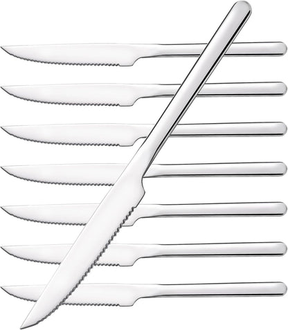 8-Piece 9.4-Inch Steak Knife Set, Serrated Stainless Steel Knives | Mirror Polished Finish, Sharp Blades, Dishwasher Safe, for Steak Dinner, BBQ & Daily Dining
