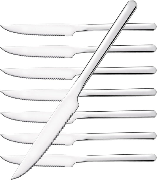 8-Piece 9.4-Inch Steak Knife Set, Serrated Stainless Steel Knives | Mirror Polished Finish, Sharp Blades, Dishwasher Safe, for Steak Dinner, BBQ & Daily Dining