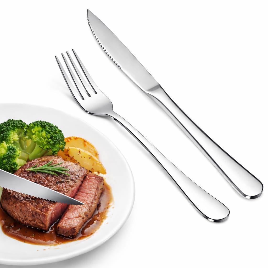 SANTUO 12 Piece Silverware Set with 6 Dinner Knives and 6 Dinner Forks,Flatware Set with Top Food Grade Stainless Steel,Tableware Cutlery Set For Home Restaurant Hotel, Mirror Finish, Dishwasher Safe
