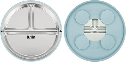 PandaEar 3 Pack Stainless Steel Baby Suction Plates, Divided Toddler Plate for Baby Led Weaning Supplies, Non-Slip Toddler Baby Feeding Set Dishwasher Safe (Blue/Green/Brown)