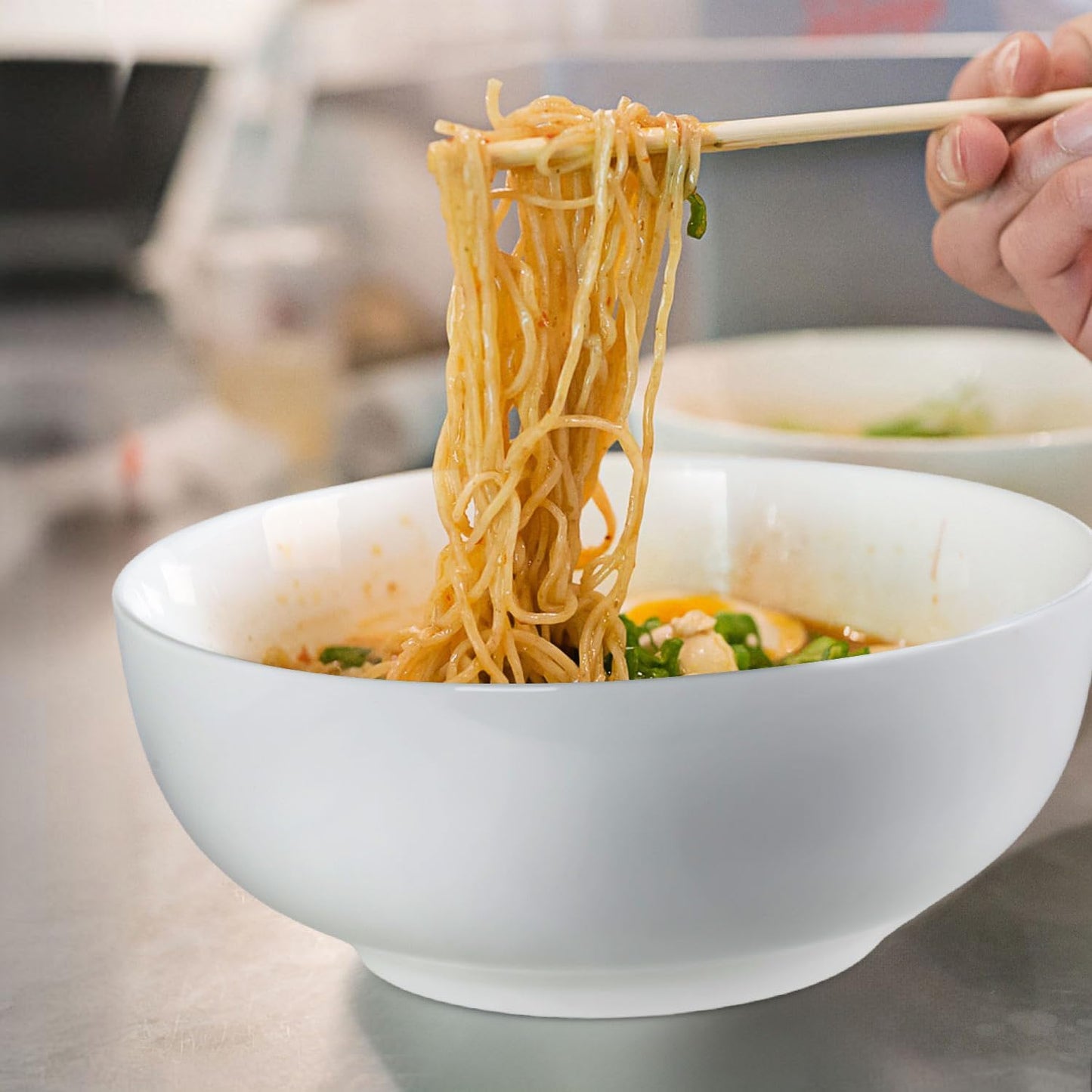 60 oz Large Soup, Ramen, Pho, Noodle, and Salad Bowl Set of 3, 8 in White Ceramic Bowls, Versatile & Microwave Safe