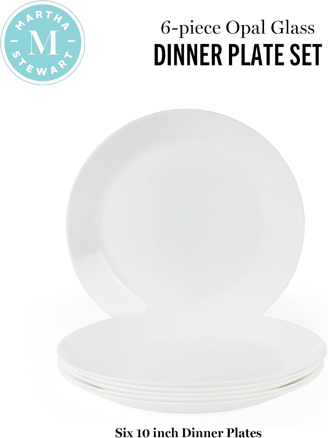 Martha Stewart Opalton Dinner Plates 6-Piece 10-Inch Plate Set – Chip and Break Resistant Opal Glass Plates - White