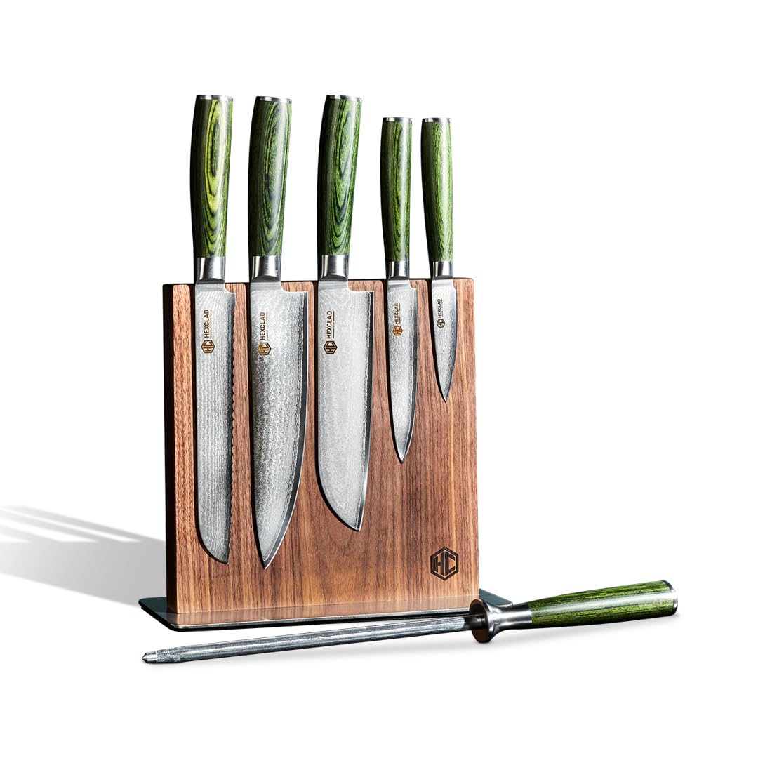 HexClad Espresso 4 Piece Damascus Steel Steak Knife Set, Full Tang | Full Tang Construction, Pakkawood Handle