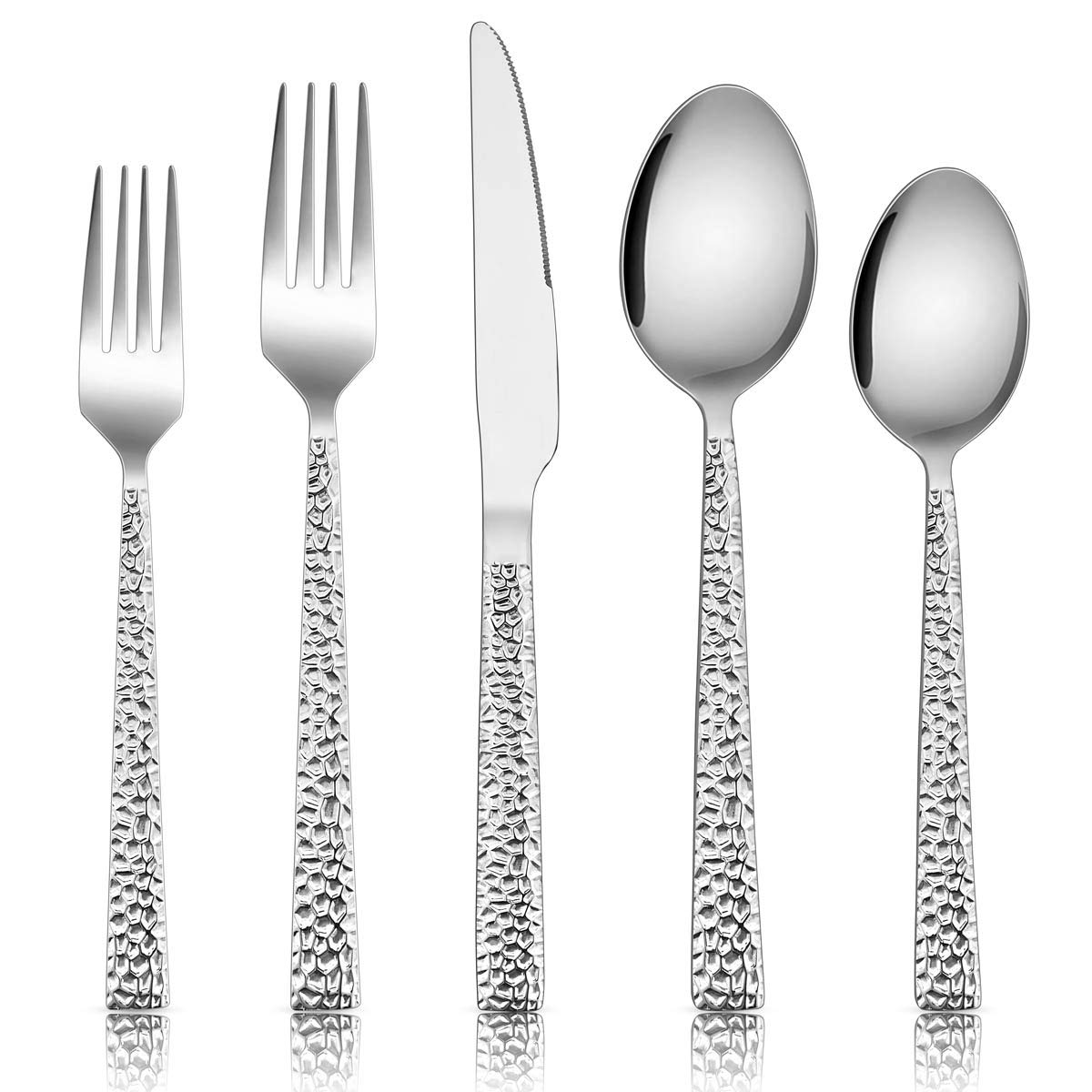 E-far Hammered Silverware Set for 8, 40 Pcs Stainless Steel Flatware Set | Includes Forks/Spoons/Dinner Knives, Cutlery Set for Home, Party, Wedding, Mirror Polished & Dishwasher Safe