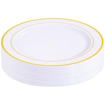 bUCLA 100Pieces Gold Plastic Plates - 6.25inch White with Gold Rim Disposable Salad/Dessert/Appetizer/Small Cake Plates Premium Hard - Ideal for Wedding, Party