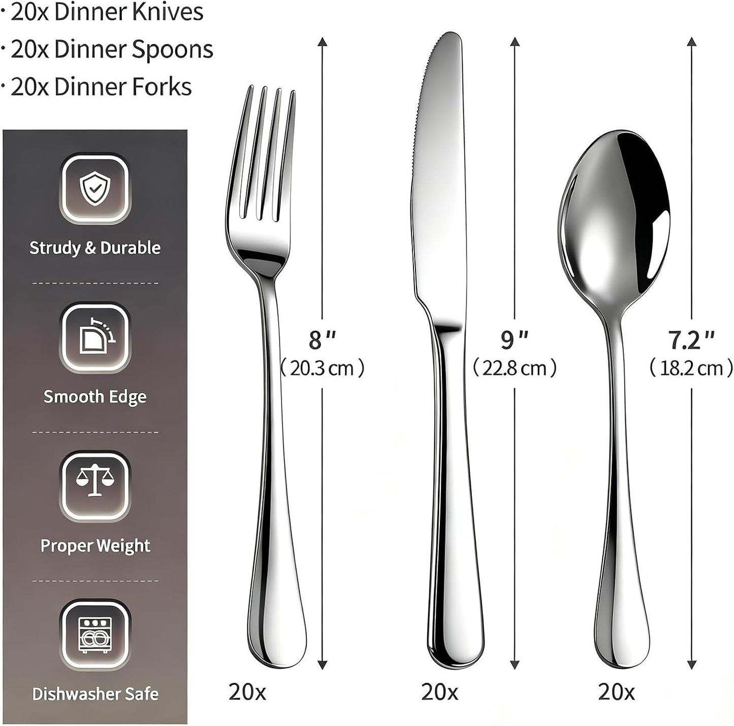 60 Piece Bulk Silverware Set for 20, Stainless Steel Heavy Forks Spoons and Knives Set, Mirror Finish Flatware Dishwasher Safe for Family Picnics Daily Gatherings