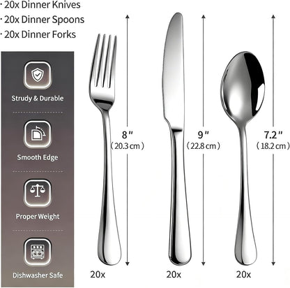 60 Piece Bulk Silverware Set for 20, Stainless Steel Heavy Forks Spoons and Knives Set, Mirror Finish Flatware Dishwasher Safe for Family Picnics Daily Gatherings