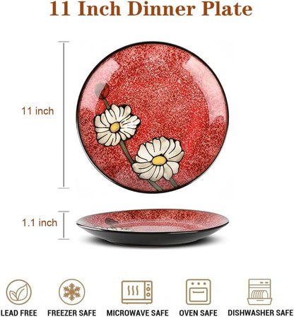 Ceramic Dinner Plates Set of 4, 11 Inch Underglaze Painting Large Porcelain Plates, Salad Plates-Microwave, Oven and Dishwasher Safe, Scratch Resistant