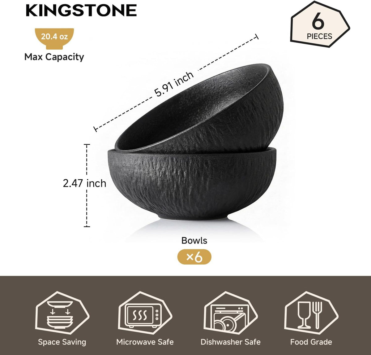 Bowl Set of 6, 20.4 oz Matte Marble Pattern Stoneware Soup Bowls | Black Premium Porcelain Cereal Bowls, Ceramic Dinner Bowls for Salad, Dessert, Pasta, Microwave and Dishwasher Safe
