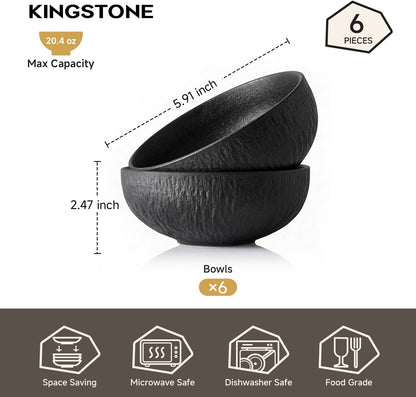 Bowl Set of 6, 20.4 oz Matte Marble Pattern Stoneware Soup Bowls | Black Premium Porcelain Cereal Bowls, Ceramic Dinner Bowls for Salad, Dessert, Pasta, Microwave and Dishwasher Safe