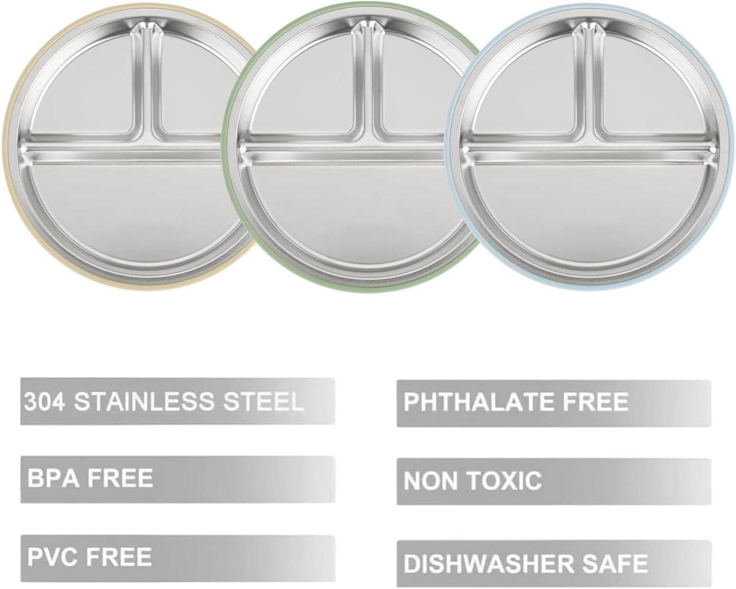 PandaEar 3 Pack Stainless Steel Baby Suction Plates, Divided Toddler Plate for Baby Led Weaning Supplies, Non-Slip Toddler Baby Feeding Set Dishwasher Safe (Blue/Green/Brown)