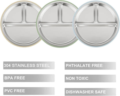 PandaEar 3 Pack Stainless Steel Baby Suction Plates, Divided Toddler Plate for Baby Led Weaning Supplies, Non-Slip Toddler Baby Feeding Set Dishwasher Safe (Blue/Green/Brown)