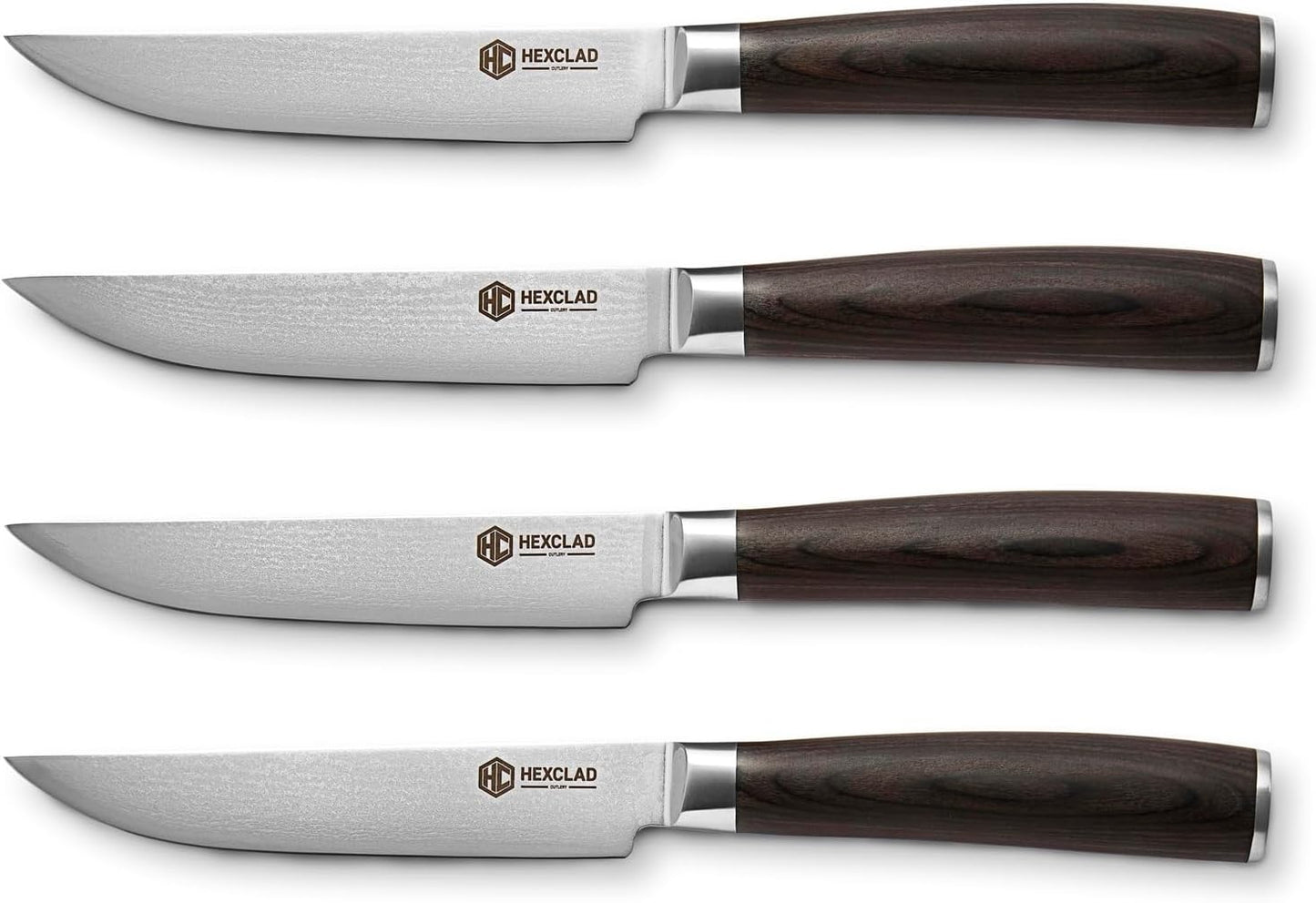 HexClad Espresso 4 Piece Damascus Steel Steak Knife Set, Full Tang | Full Tang Construction, Pakkawood Handle