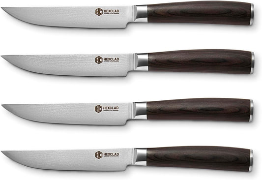 HexClad Espresso 4 Piece Damascus Steel Steak Knife Set, Full Tang | Full Tang Construction, Pakkawood Handle