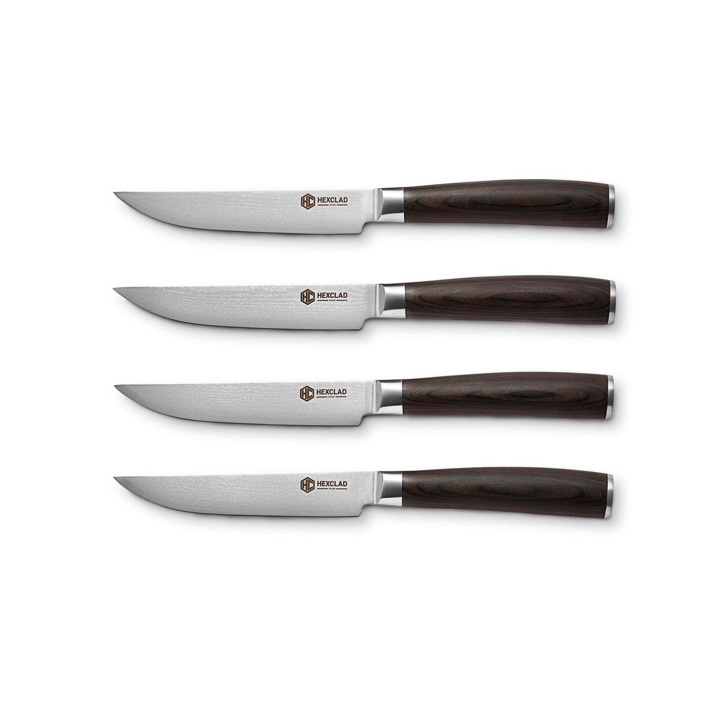 HexClad Espresso 4 Piece Damascus Steel Steak Knife Set, Full Tang | Full Tang Construction, Pakkawood Handle