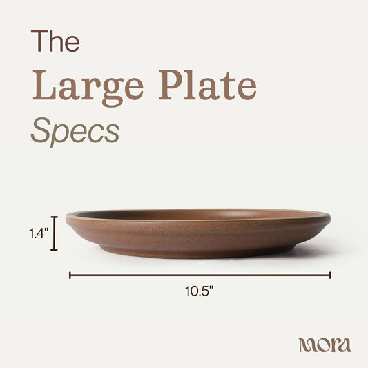 Mora Large Plates Set of 4, 10.5 inch Ceramic Pottery Dinner Plates - Microwave, Oven and Dishwasher Safe - Harvest