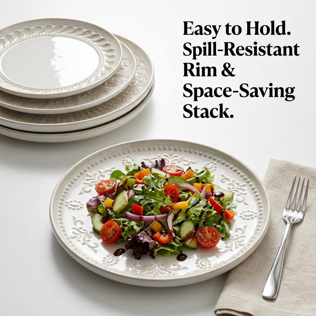 Large Ceramic Dinner Plates Set Of 4, 10.75 Inch Embossed Kitchen Salad Plates, Modern Serving Plates For Restaurant, Plates With Lipped Edges, Microwave Dishwasher Safe (Multiple Patterns)