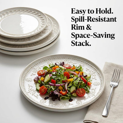 Large Ceramic Dinner Plates Set Of 4, 10.75 Inch Embossed Kitchen Salad Plates, Modern Serving Plates For Restaurant, Plates With Lipped Edges, Microwave Dishwasher Safe (Multiple Patterns)