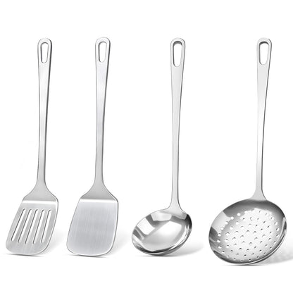 4 Pcs Cooking Utensils Set, Stainless Steel Kitchen Utensils, Heat Resistant Metal Kitchen Tools Include Solid & Slotted Turner Wok Spatula, Serving Spoon, Ergonomic Handle, Easy to Clean, Silver