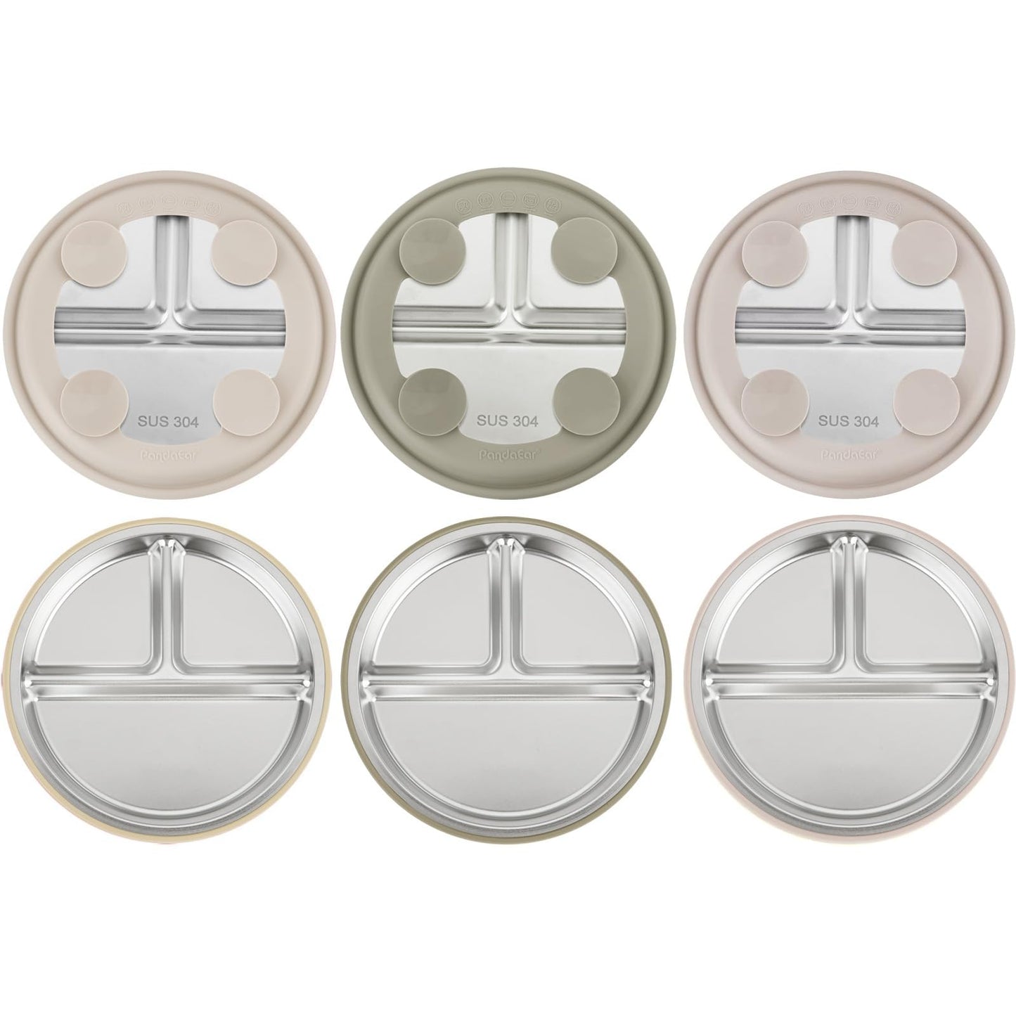 PandaEar 3 Pack Stainless Steel Baby Suction Plates, Divided Toddler Plate for Baby Led Weaning Supplies, Non-Slip Toddler Baby Feeding Set Dishwasher Safe (Blue/Green/Brown)