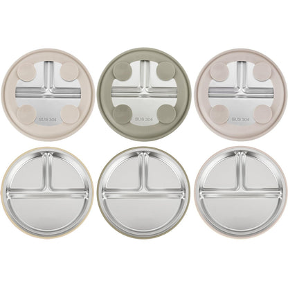 PandaEar 3 Pack Stainless Steel Baby Suction Plates, Divided Toddler Plate for Baby Led Weaning Supplies, Non-Slip Toddler Baby Feeding Set Dishwasher Safe (Blue/Green/Brown)