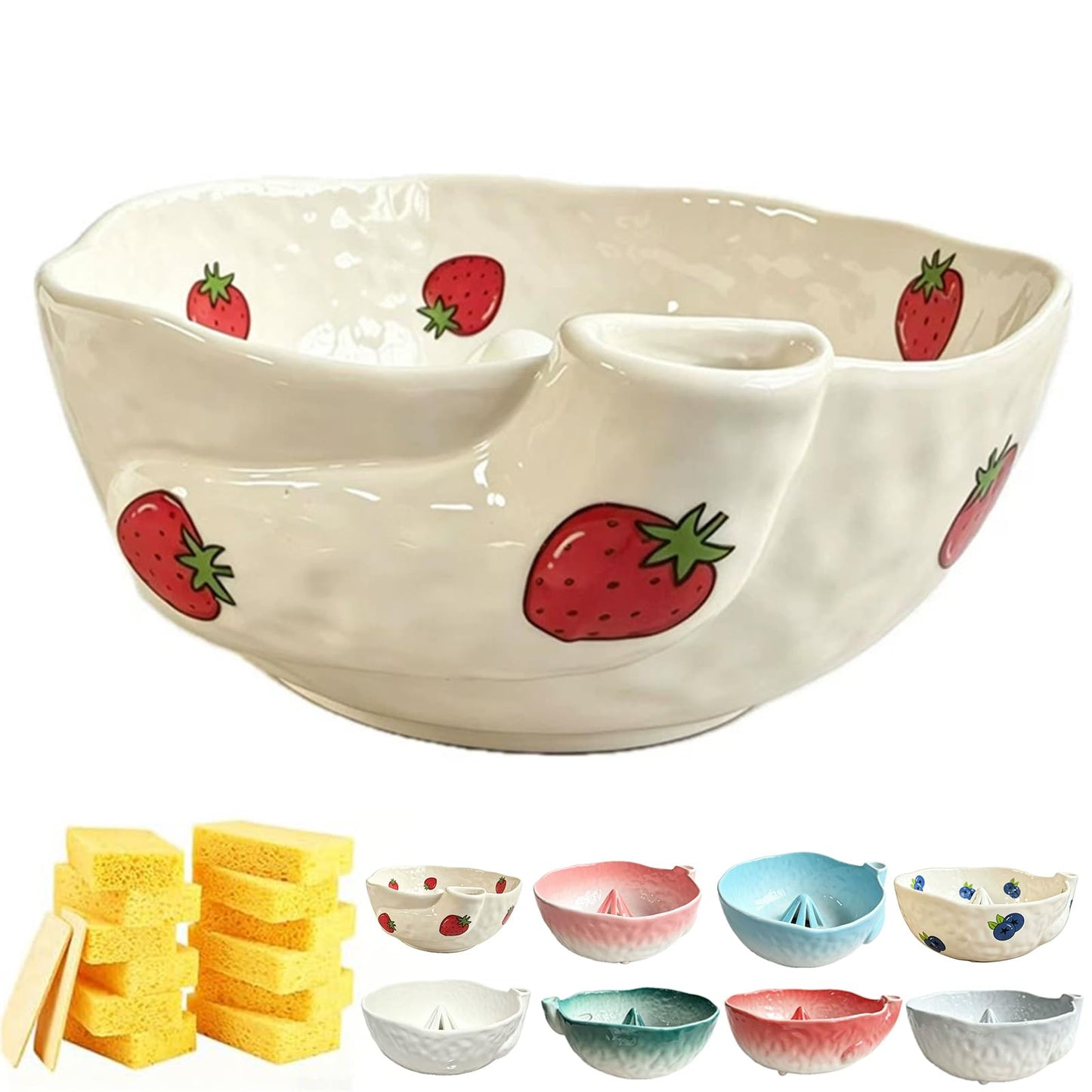 Self Spinning Ceramic Berry Washing Bowl with Drain Holes, 7'' Kitchen Fruit Washer Spinner Bowl with 10pcs Sponges，Blue