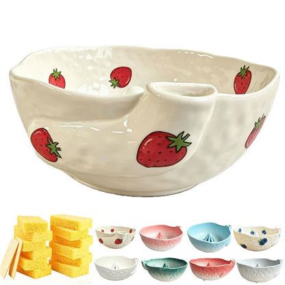 Self Spinning Ceramic Berry Washing Bowl with Drain Holes, 7'' Kitchen Fruit Washer Spinner Bowl with 10pcs Sponges，Blue