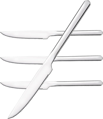4-Piece 9.4-Inch Steak Knife Set, Serrated Stainless Steel Knives | Mirror Polished Finish, Sharp Blades, Dishwasher Safe, for Steak Dinner, BBQ & Daily Dining