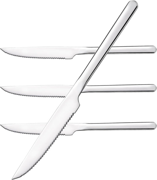 4-Piece 9.4-Inch Steak Knife Set, Serrated Stainless Steel Knives | Mirror Polished Finish, Sharp Blades, Dishwasher Safe, for Steak Dinner, BBQ & Daily Dining