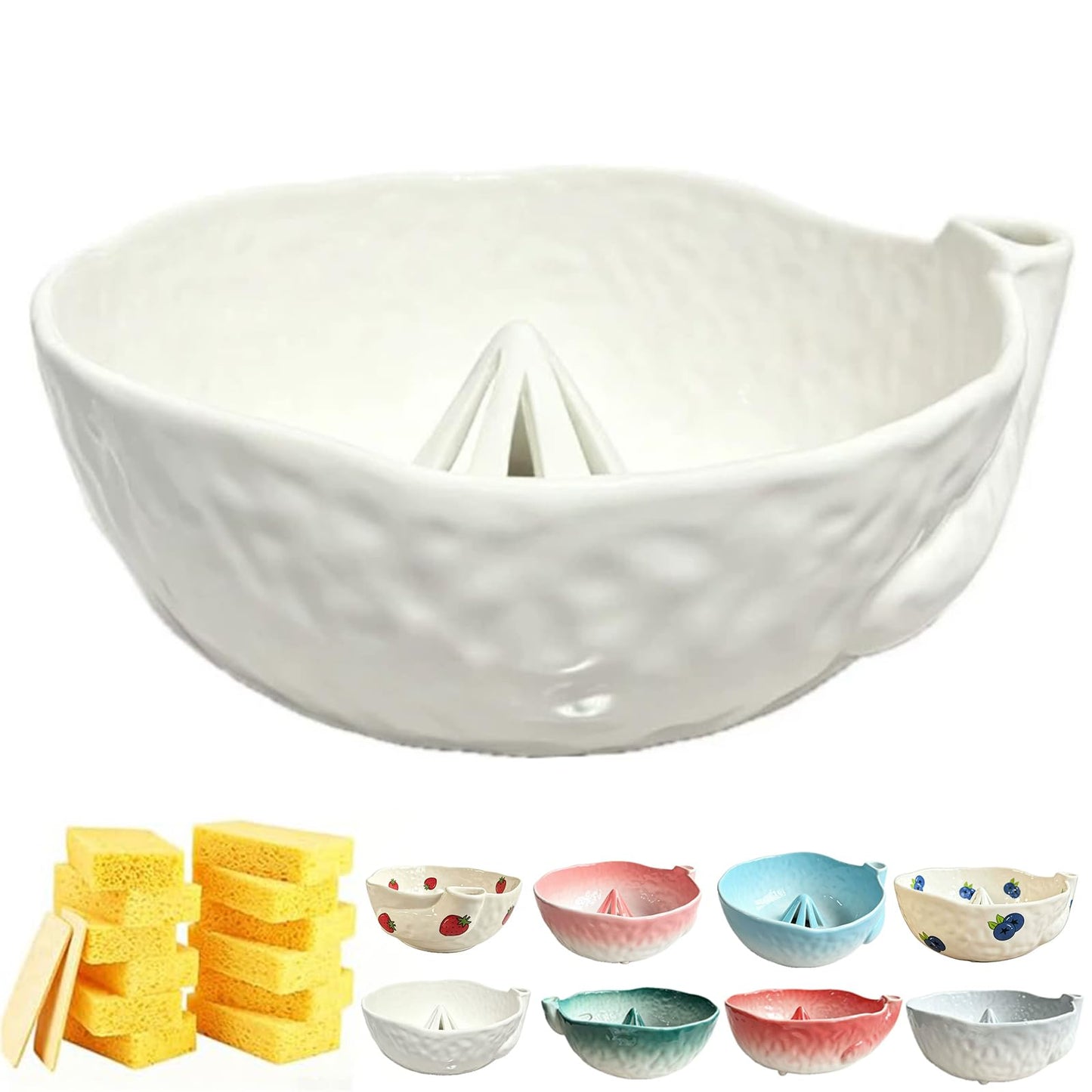 Self Spinning Ceramic Berry Washing Bowl with Drain Holes, 7'' Kitchen Fruit Washer Spinner Bowl with 10pcs Sponges，Blue