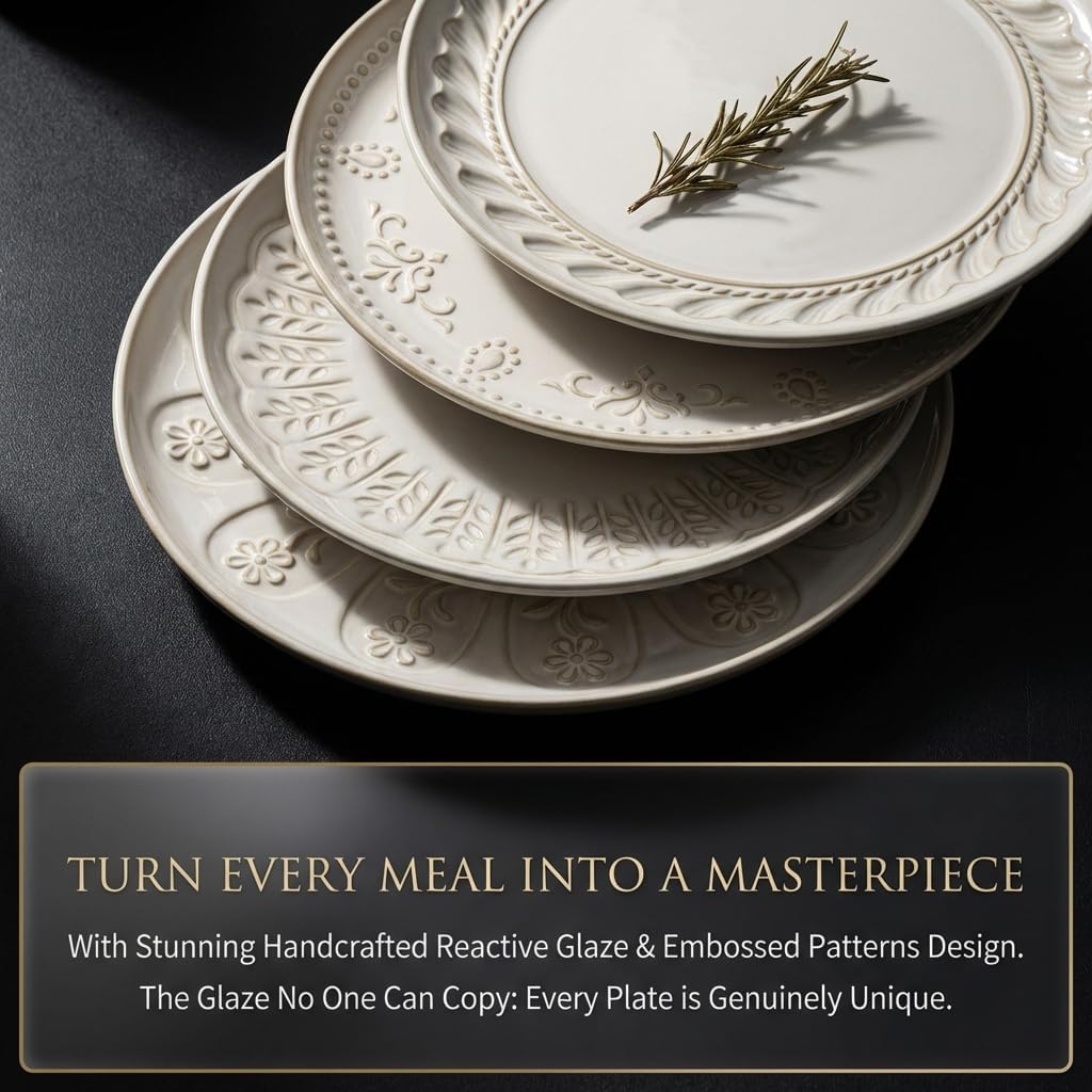 Large Ceramic Dinner Plates Set Of 4, 10.75 Inch Embossed Kitchen Salad Plates, Modern Serving Plates For Restaurant, Plates With Lipped Edges, Microwave Dishwasher Safe (Multiple Patterns)