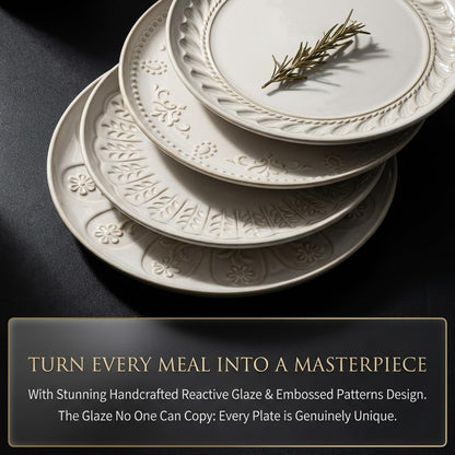 Large Ceramic Dinner Plates Set Of 4, 10.75 Inch Embossed Kitchen Salad Plates, Modern Serving Plates For Restaurant, Plates With Lipped Edges, Microwave Dishwasher Safe (Multiple Patterns)