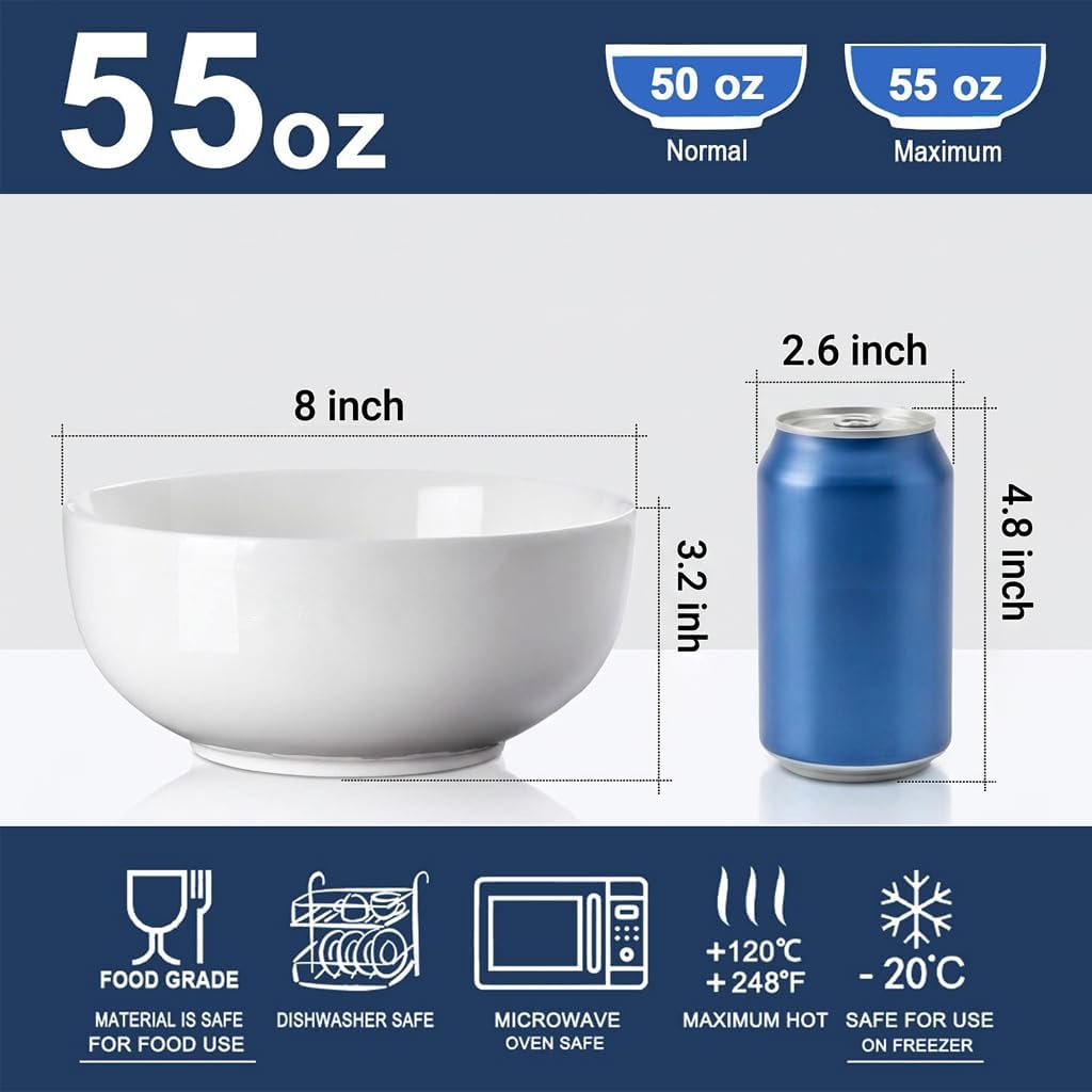 60 oz Large Soup, Ramen, Pho, Noodle, and Salad Bowl Set of 3, 8 in White Ceramic Bowls, Versatile & Microwave Safe