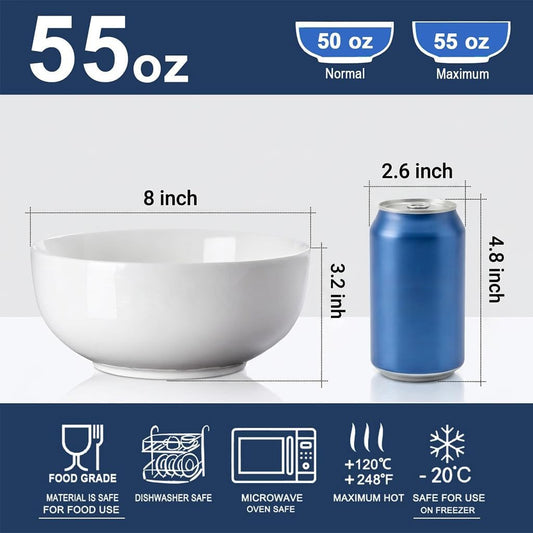 60 oz Large Soup, Ramen, Pho, Noodle, and Salad Bowl Set of 3, 8 in White Ceramic Bowls, Versatile & Microwave Safe